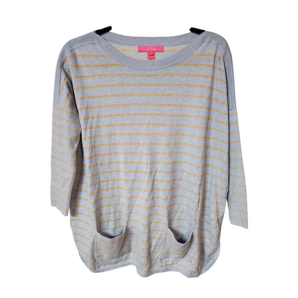 Lilly Pulitzer XS‎ Blue Gold Stripe 3/4 Sleeve Pocket Spring Tunic Top